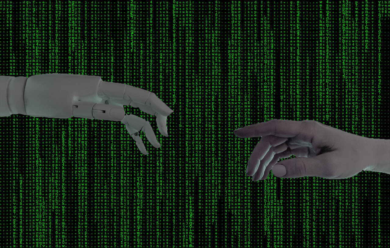 En menneskehånd og robothånd som møtes med tall i bakgrunnen.
